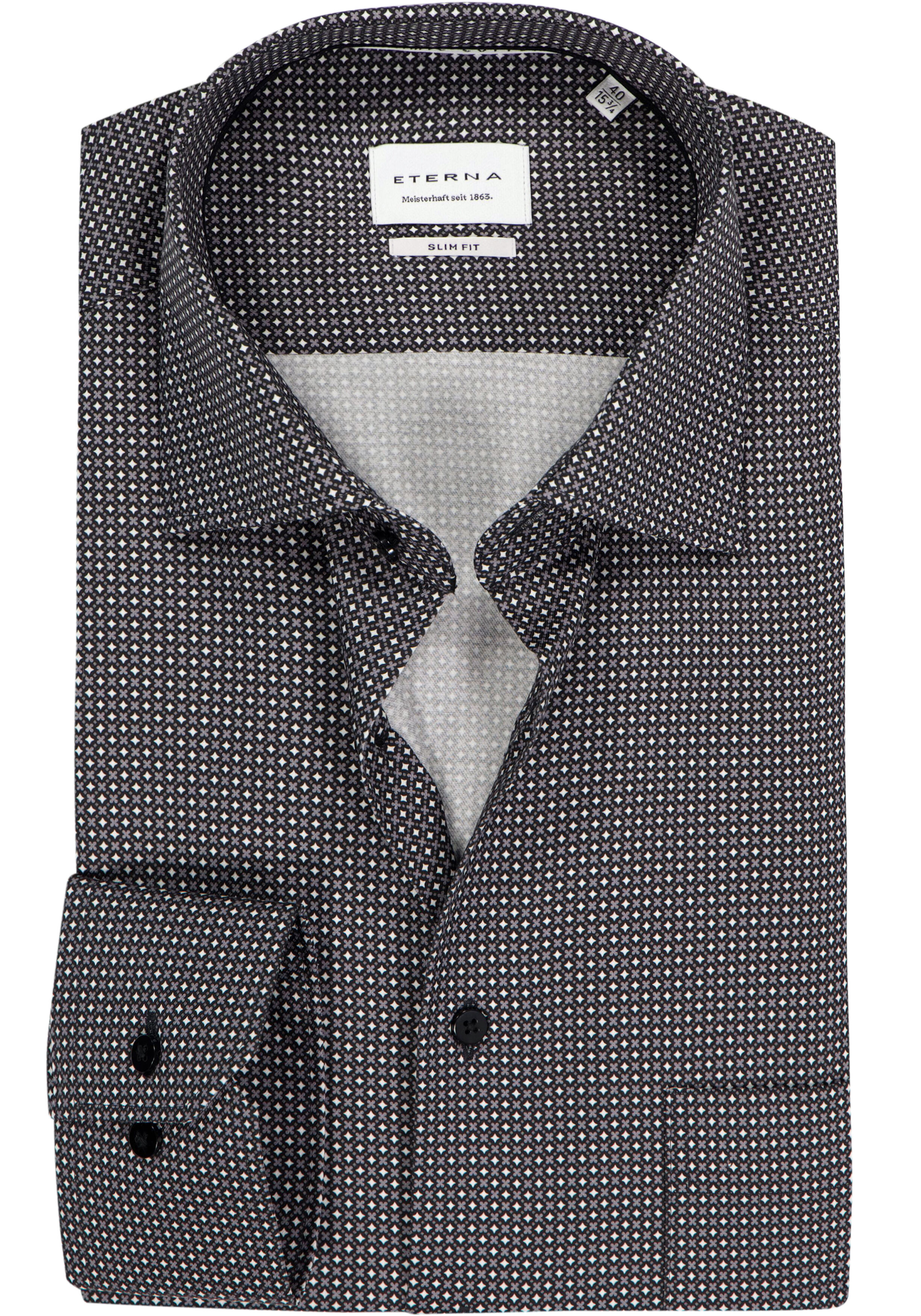 ETERNA slim fit overhemd, twill, zwart met grijs en wit dessin